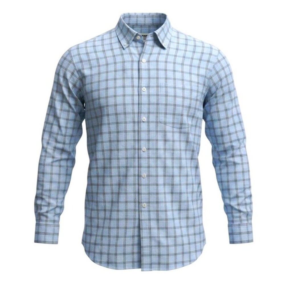 Duluth Trading Co Wrinklefighter Mens XL Tall Relaxed Fit Blue Plaid Button-Down
